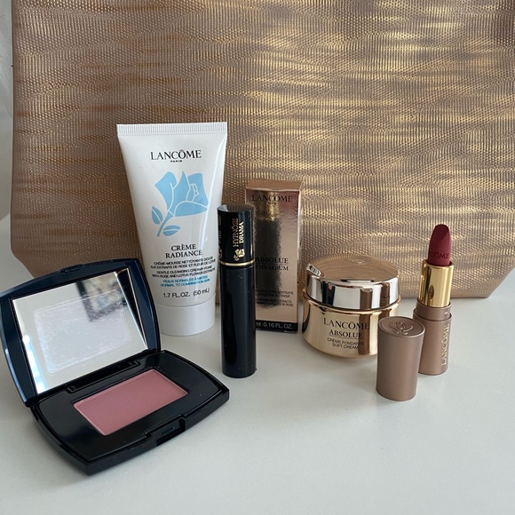 Lancome 7 PIECES ABSOLUE CREAM, SERUM, BLUSH, LIPSTICK, MASCARA, CLEANSER, BAG - Picture 2 of 8